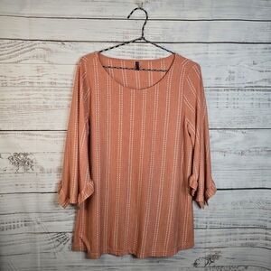 North River Womens Large Embroidered Textured Stripe Top Ruffle Accented Sleeves